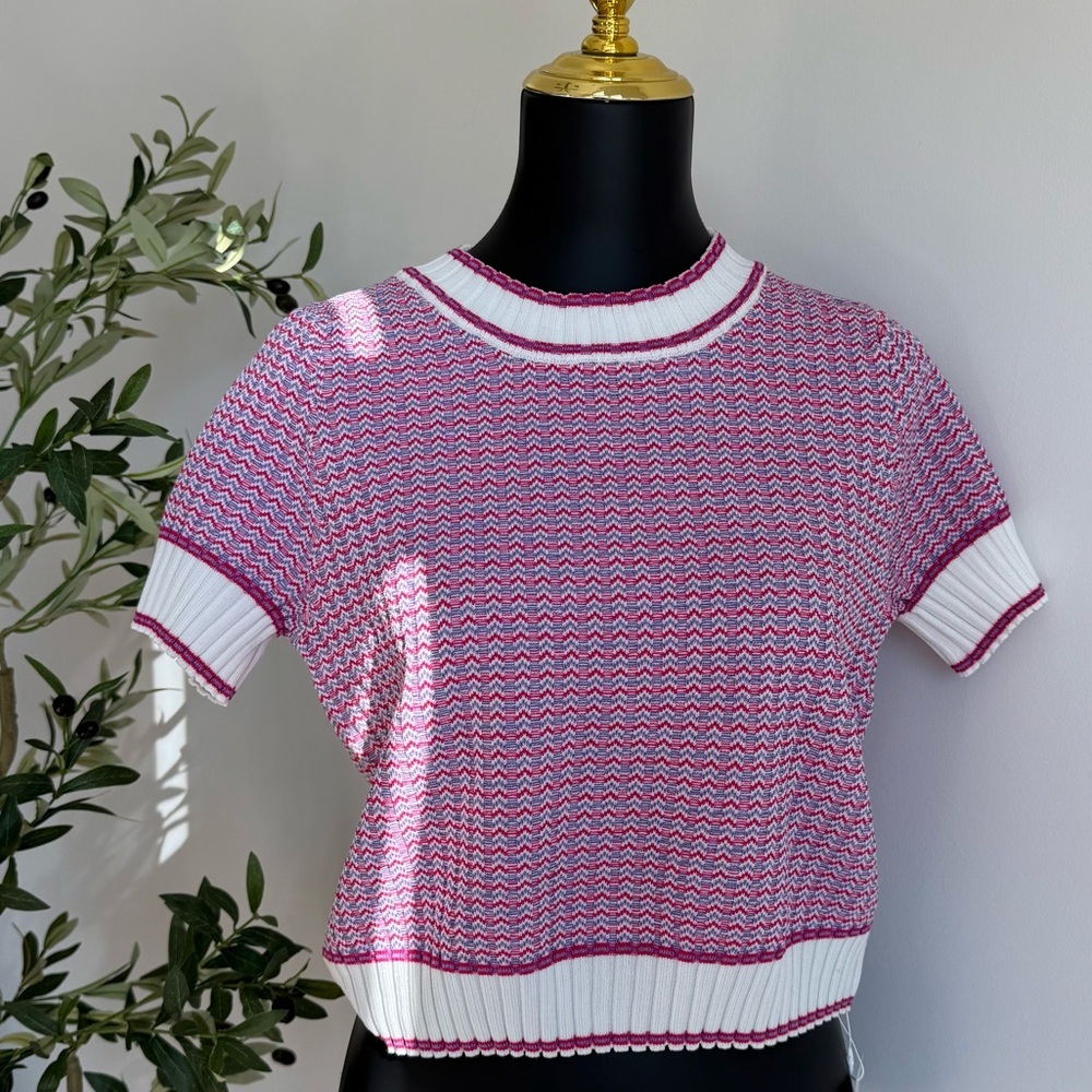 Chic Knit‎ Short Sleeve Top - Pink and White